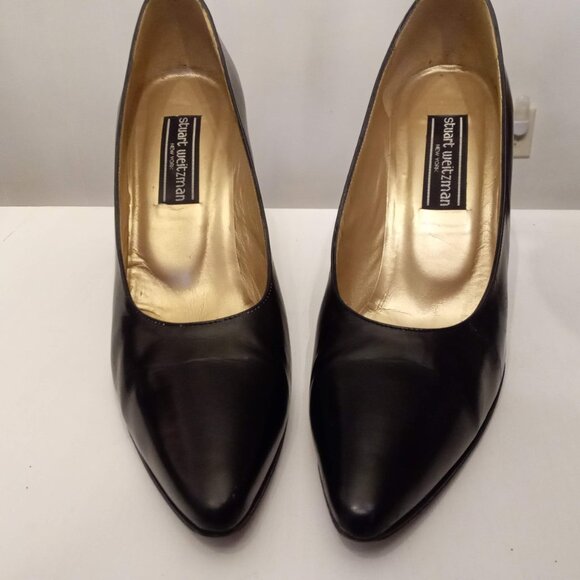 STUART WEITZMAN Black LEATHER Pumps 9 AAA VTG Hexagon High Heel Stiletto Shoes - Picture 2 of 14